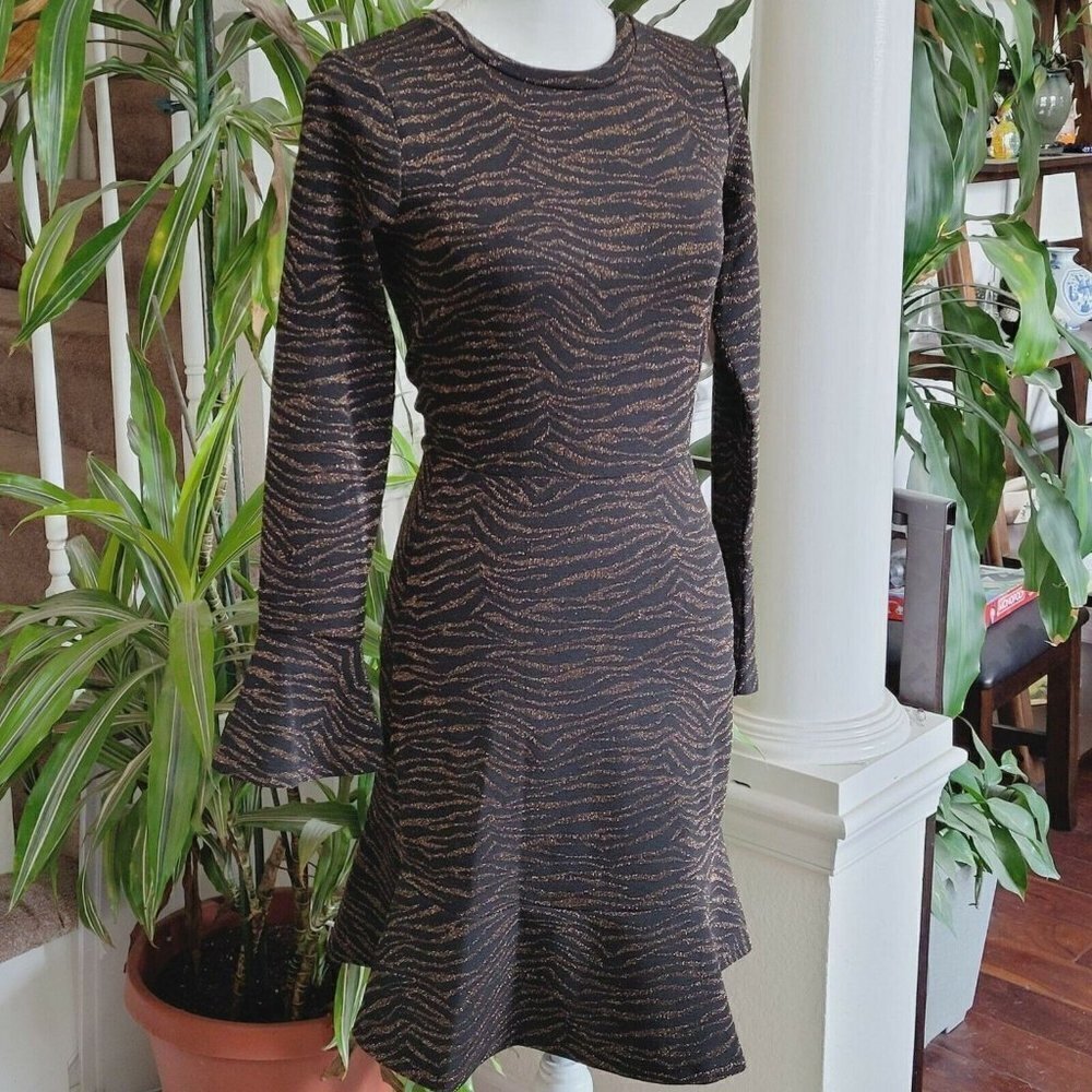 MICHAEL Michael Kors XS Metallic Animal Jacquard Flounce Sleeve A-Line Dress